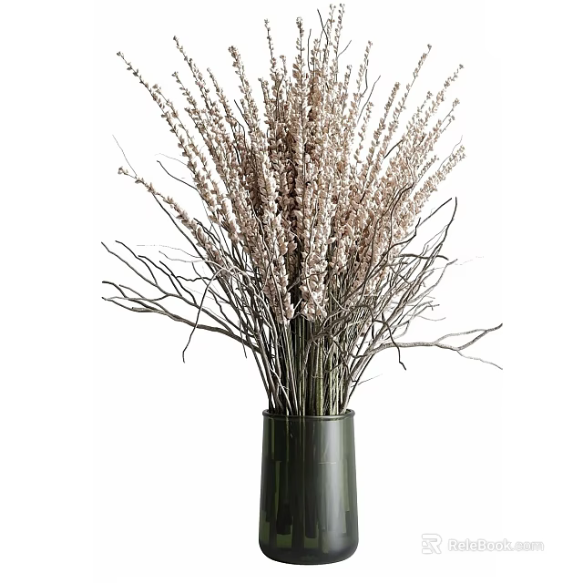 Minimalist Modern Black Vase With Dried Branches And Pink Small Flowers Decor 3d model 