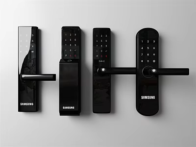 Black Smart Door Handles With Keypad From Different Samsung Lock Models 3d model