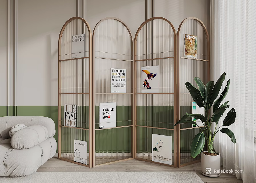 Arched Metal Screen With Decorative Posters In Modern Living Room 3d model 