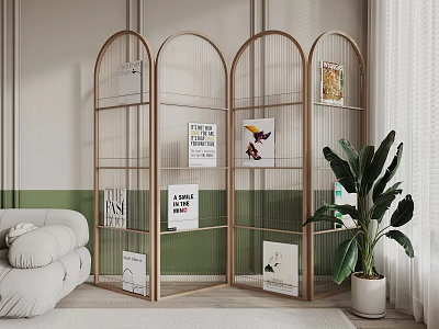 Arched Metal Screen With Decorative Posters In Modern Living Room 3d model