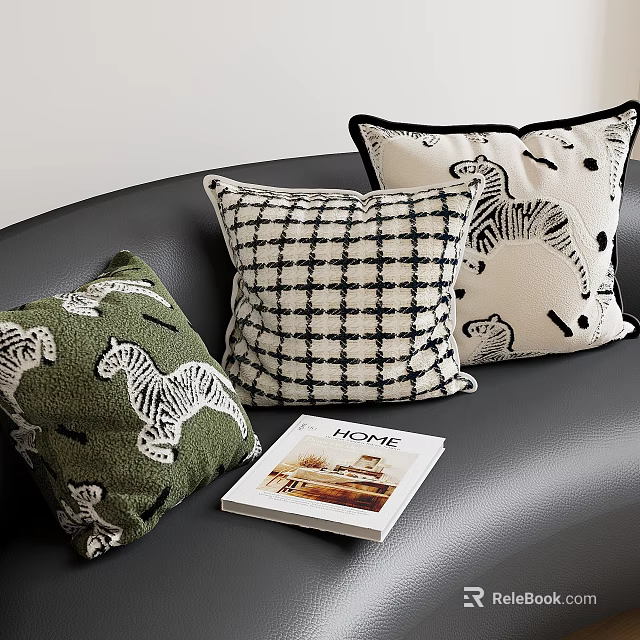 Elegant Sofa Pillows With Green Zebra Pattern Black White Checkered Design And HOME Magazine 3d model 