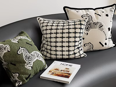Elegant Sofa Pillows With Green Zebra Pattern Black White Checkered Design And HOME Magazine 3d model