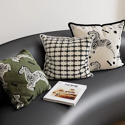 Elegant Sofa Pillows With Green Zebra Pattern Black White Checkered Design And HOME Magazine 3d model