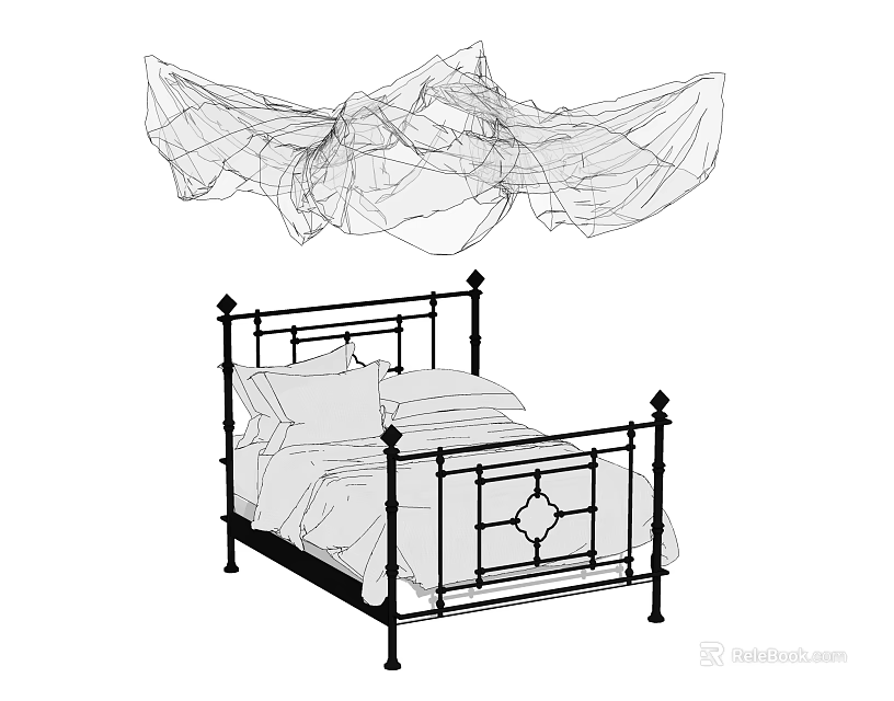Classic Metal Double Bed Frame With Sheer Canopy And Intricate Design 3d model 