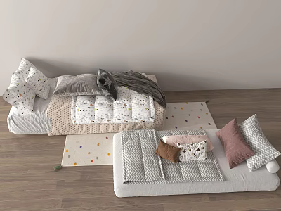 Cozy Plush Kids Bed With Soft Bedding Pillows And Dotted Floor Mats 3d model