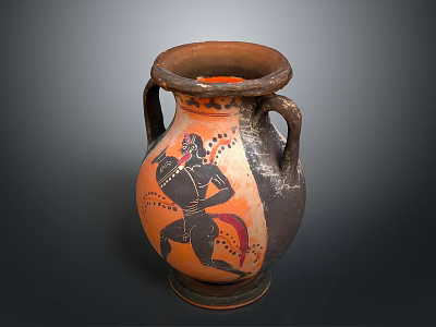 Ancient Greek Terracotta Vase With Carved Figure Design And Two Handles 3d model