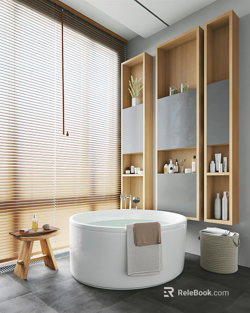 Modern Bathroom Interior With White Bathtub Wooden Blinds Shelves And Toiletries 3d model 