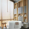 Modern Bathroom Interior With White Bathtub Wooden Blinds Shelves And Toiletries