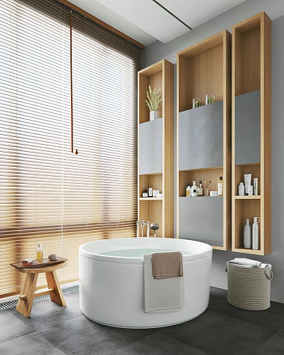 Modern Bathroom Interior With White Bathtub Wooden Blinds Shelves And Toiletries 3d model