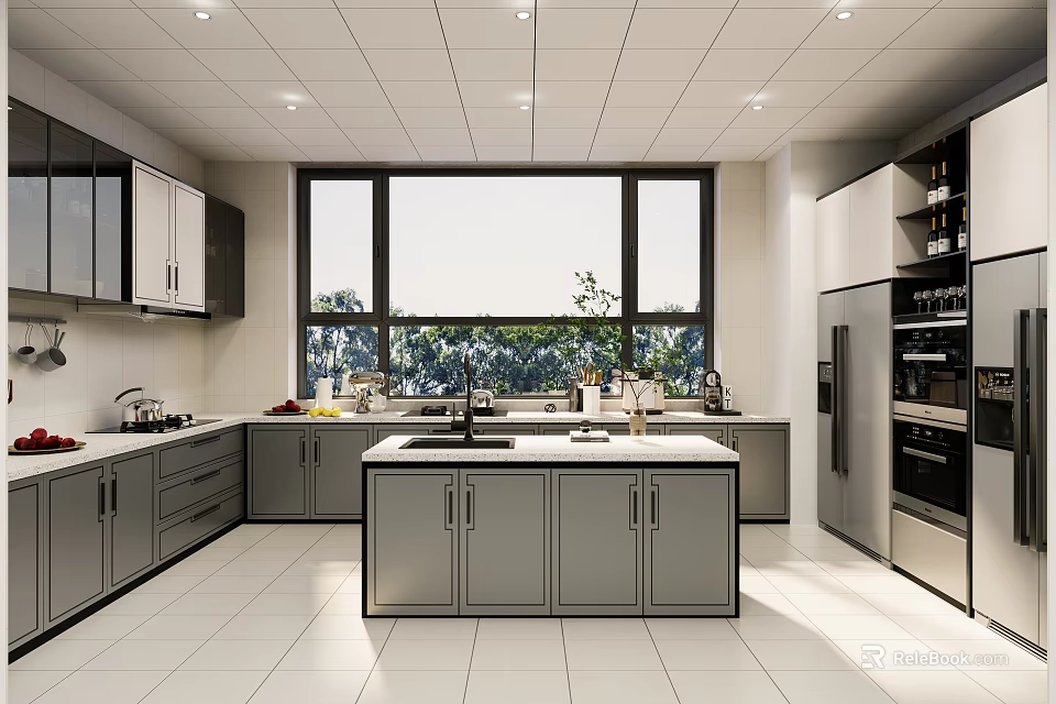 Modern Kitchen Interior With Grey Cabinets Central Island Large Windows And Natural Light 3d model 
