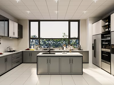 Modern Kitchen Interior With Grey Cabinets Central Island Large Windows And Natural Light 3d model