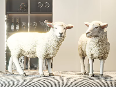Decorative Sheep Figurines In Interior With Glass Cabinet Wine Bottles And Lighting 3d model