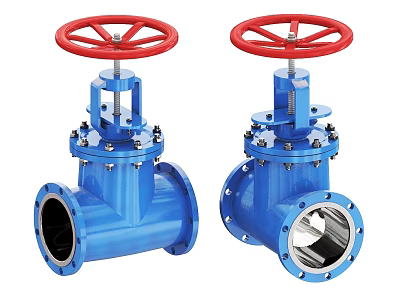 Blue Industrial Gate Valves With Red Handwheels And Flanged Connections 3d model