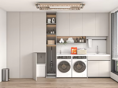 Modern Bathroom Cabinet Rack with Storage Double Washing Machines Sink and Towels 3d model