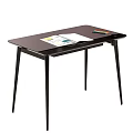Modern Wooden Desk with Slim Legs Drawer Colored Pencils and Paper