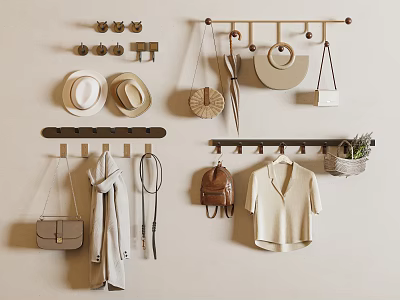 Organizing Wall Hooks With Hats Bags Coat And Small Plant For Home Decor 3d model