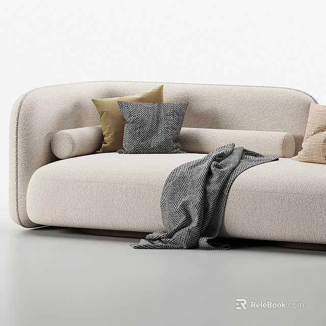 Modern Beige Sectional Sofa With Gray And Beige Throw Pillows And Textured Blanket 3d model 