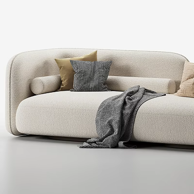 Modern Beige Sectional Sofa With Gray And Beige Throw Pillows And Textured Blanket 3d model