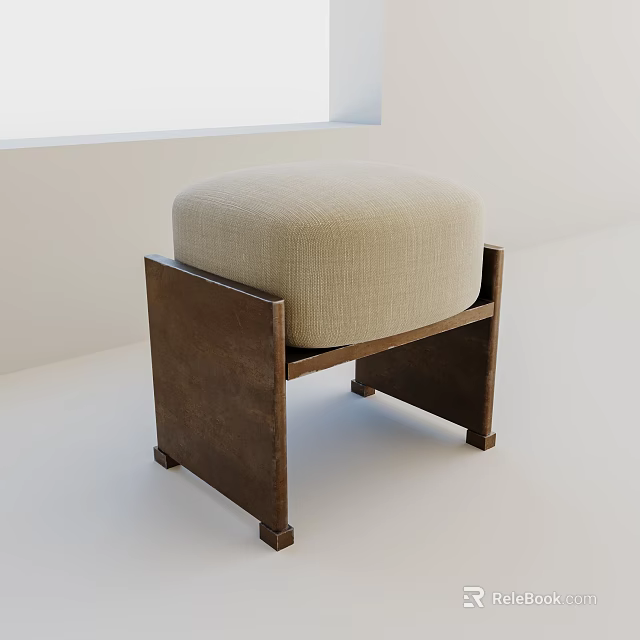 Modern Dark Brown Wooden Frame Stool With Beige Cushioned Round Seat 3d model 