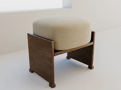 Modern Dark Brown Wooden Frame Stool With Beige Cushioned Round Seat 3d model