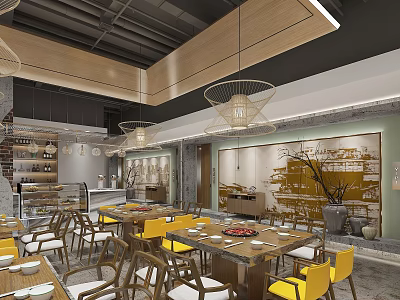 Modern Hotpot Restaurant Interior With Wooden Ceiling Pendant Lights Yellow Chairs And Decorative Wall Art 3d model