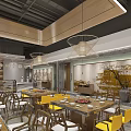Modern Hotpot Restaurant Interior With Wooden Ceiling Pendant Lights Yellow Chairs And Decorative Wall Art