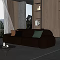 Modern Living Room Interior With Brown Leather Sofa Wooden Bookshelf And Window Curtains