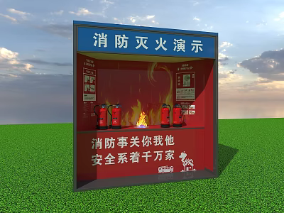 Commercial Fire Extinguishing Demonstration Equipment with Fire Extinguishers and Safety Signs 3d model