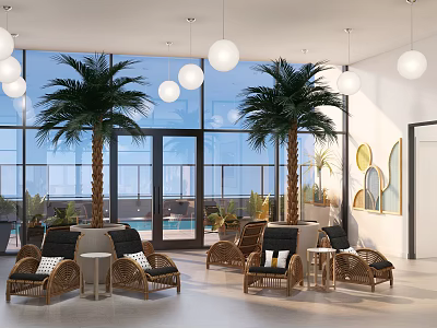 Hotel Public Lounge Area With Palm Trees Wicker Chairs Hanging Lights And Large Windows 3d model