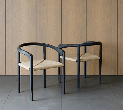 Modern Single Chairs With Black Frame And Beige Cushion Against Wooden Wall Panel 3d model