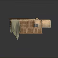 Wooden Storage Crates Stacked With Planks Hand Cart And Canvas Cover