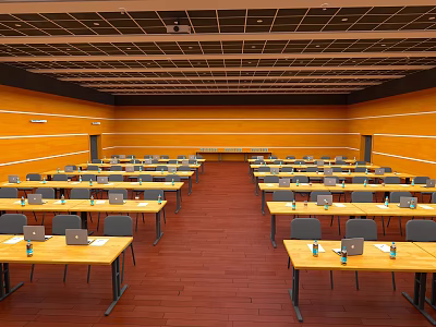 Classroom With Yellow Walls Wooden Floors And Rows Of Desks With Laptops And Water Cups 3d model