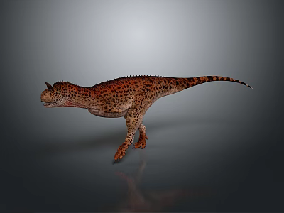 Realistic 3D Dinosaur Model With Orange Black Spotted Skin Standing On Gray Reflective Surface 3d model