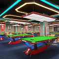 Modern Billiard Room Interior With Neon Lights Billiard Tables And Comfortable Seats