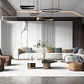 Modern Living Room Interior With Marble TV Wall Circular Pendant Lights Coffee Table And White Sofa