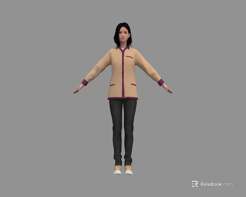 Woman Wearing Beige Jacket With Purple Trim Black Pants And White Shoes Standing Arms Outstretched 3d model 