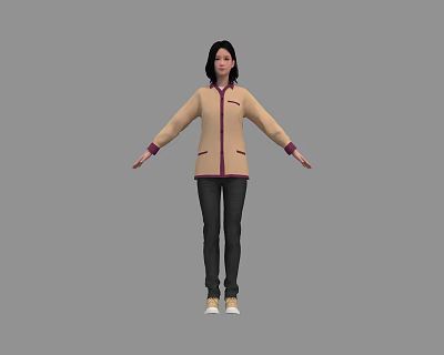 Woman Wearing Beige Jacket With Purple Trim Black Pants And White Shoes Standing Arms Outstretched 3d model