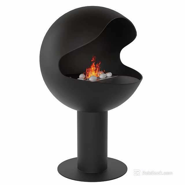 Stylish Black Modern Freestanding Fireplace with Burning Fire and White Pebbles 3d model 