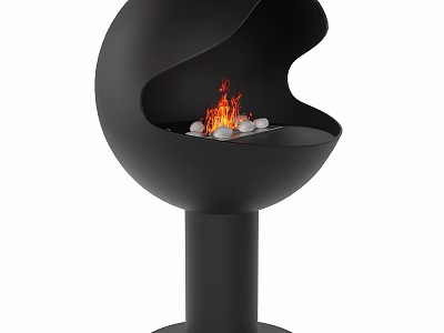 Stylish Black Modern Freestanding Fireplace with Burning Fire and White Pebbles 3d model