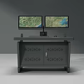 Office Desk Setup With Dual Monitors Keyboard Mouse And Patterned Cabinet 3d model