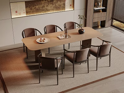 Modern Dining Table Set With Six Upholstered Chairs And Wooden Tabletop On Area Rug 3d model