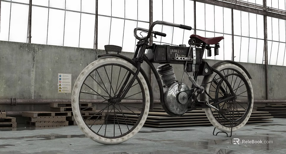 Vintage Bicycle With Metal Frame Red Seat And Large Wheels In Industrial Space 3d model 