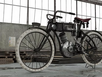 Vintage Bicycle With Metal Frame Red Seat And Large Wheels In Industrial Space 3d model