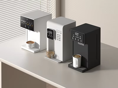 Modern Kitchen Coffee Makers In Three Colors With Coffee Cups On Countertop 3d model