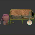 Wicker Sofa With Cushions Clay Pot Small Bucket Shovel Bottles And Banjo