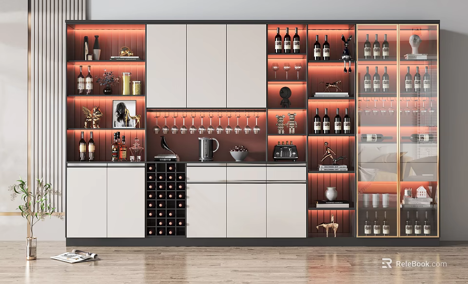 Modern Wine Cabinet Interior Design With Glass Doors LED Lighting And Wine Storage 3d model 
