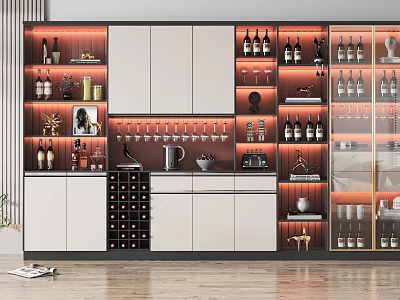 Modern Wine Cabinet Interior Design With Glass Doors LED Lighting And Wine Storage 3d model