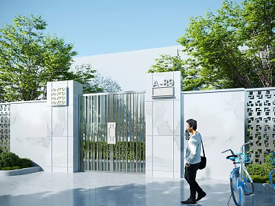 Modern Entrance Gate With Metal Fence White Walls Green Trees And Sign A89 3d model