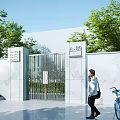 Modern Entrance Gate With Metal Fence White Walls Green Trees And Sign A89