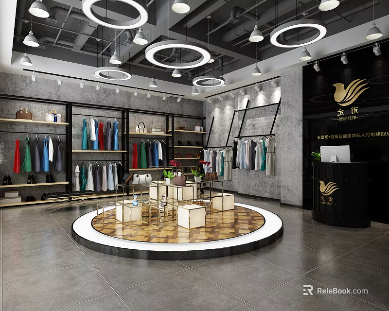 Modern Clothing Store Interior With Round Display Platform Hanging Clothes And Circular Ceiling Lights 3d model 
